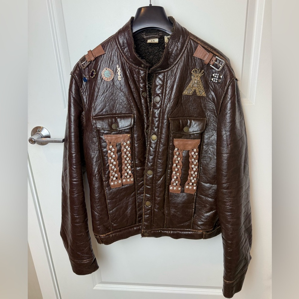 Armani‎ Exchange Brown Faux Leather Jacket – Custom Boho Western Embellished M